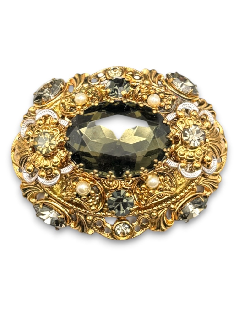 Vintage West Germany Olivine & Gray Glass Rhinestone & Pearl Filigree Brooch